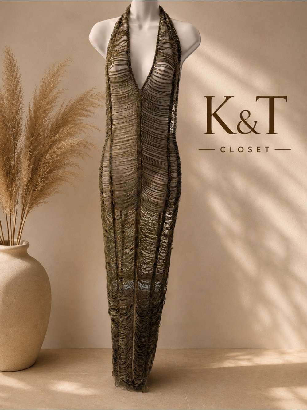 Hand-Knit Open-Weave Maxi Dress - Olive Green